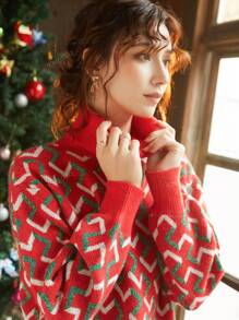 Knit Mix Geo Pattern Drop Shoulder Sweater