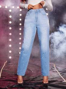 High Waist Splash Ink Print Mom Fit Jeans - Blue - View 5