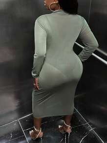 Slaydiva Plus Rhinestone Butterfly Pattern Mock Neck Bodycon Dress Without Lingerie Set - Army Green - View 2