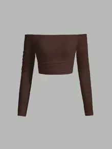 SHEIN MOD Off Shoulder Ruched Mesh Crop Top - Brown - View 1