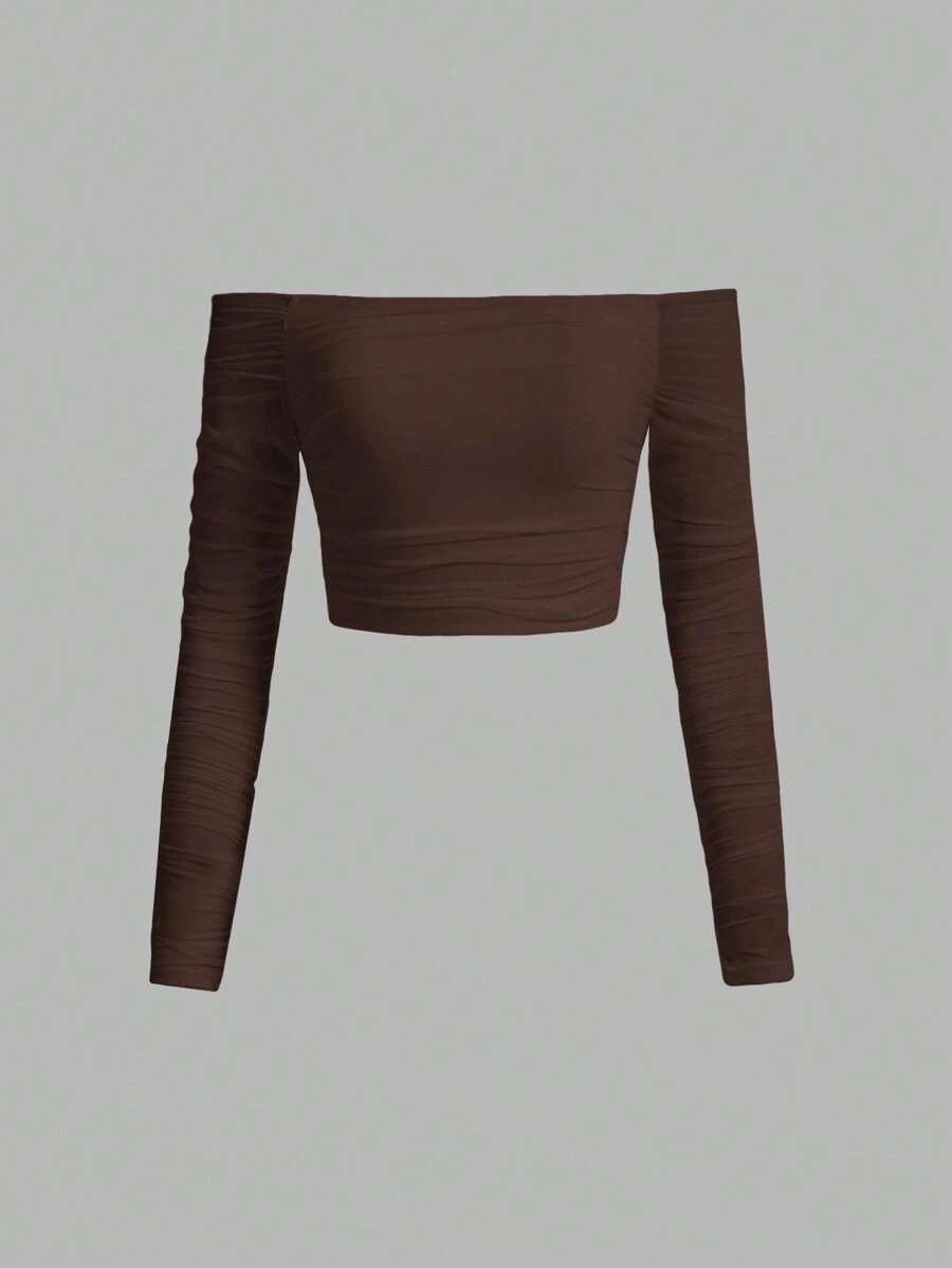 SHEIN MOD Off Shoulder Ruched Mesh Crop Top - Brown - View 1