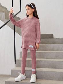SHEIN Leap Crew Tween Girl Letter Patched Drop Shoulder Hooded Tee & Leggings - Pink - View 5