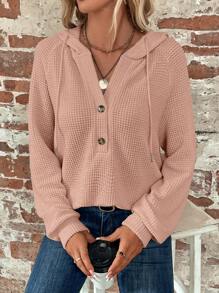 SHEIN Clasi Half Button Raglan Sleeve Drawstring Hoodie,Long Sleeve Tops Graduation,Back To School Outfits,Graduation,Teacher Outfits For Women,Back To School In Fall/Winter