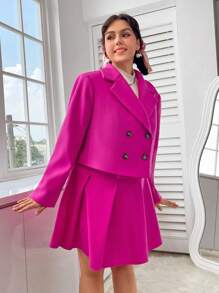 SHEIN EZwear Plus Double Breasted Blazer & Fold Pleated Skirt - Hot Pink - View 5