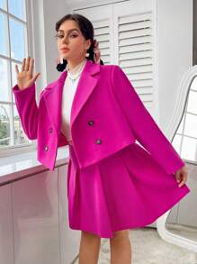 SHEIN EZwear Plus Double Breasted Blazer & Fold Pleated Skirt - Hot Pink - View 6