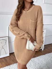 SHEIN LUNE Drop Shoulder Pocket Patched Button Detail Sweater Dress Fall Cloth For Women - Khaki - View 5
