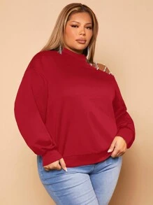 SHEIN SXY Plus Rhinestone Detail Asymmetrical Neck Drop Shoulder Sweatshirt - Red - View 5