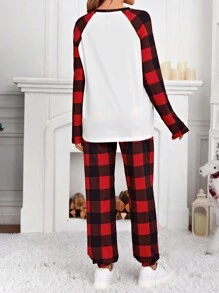 SHEIN Maternity Christmas Tree & Slogan Graphic Raglan Sleeve Tee & Pants - Red - View 2