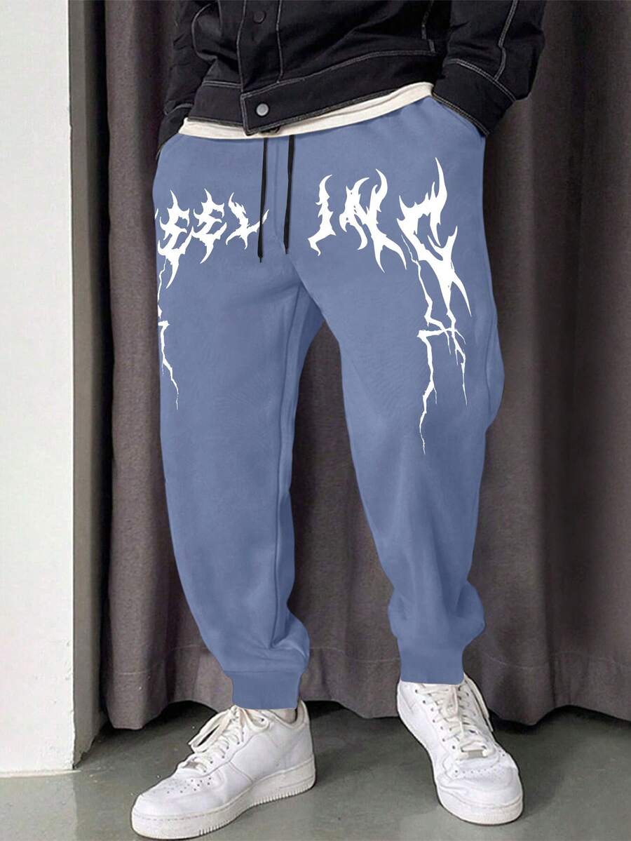 Manfinity Nam Đồ họa Chữ cái Eo dây rút Quần thể thao - Màu xanh bụi bặm - Xem 1