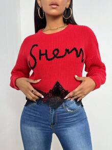 Zolique Suéter de punto con caída de hombros, encaje y patrón de letras, para otoño e invierno - Rojo - Ver 3