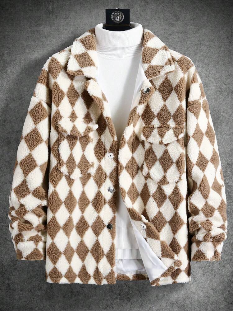 Loose Men's Argyle Pattern Teddy Coat With Flap Pockets