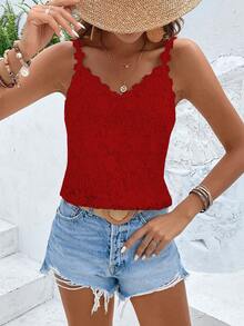 SHEIN VCAY Guipure Lace Cami Top - Red - View 3