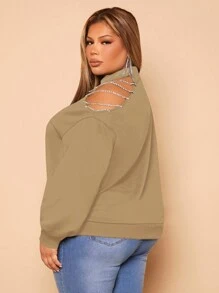 SHEIN SXY 大碼不對稱領落肩袖運動衫 - 駝色 - 查看 2