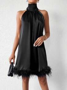 EURMUSE Fuzzy Trim Halter Neck Dress - Black - View 1