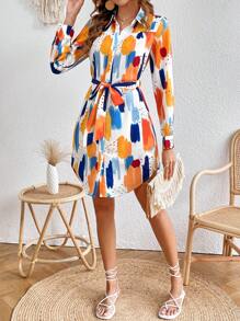 SHEIN VCAY In Bàn chải Thắt lưng Váy sơ mi - Nhiều màu - Xem 3