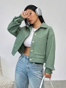 SHEIN Unity 雙口袋落肩袖花呢外套 - 綠色 - 查看 4