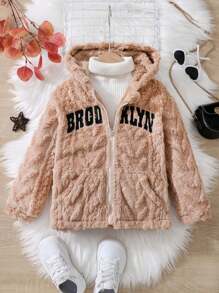 SHEIN Young Girl Letter Embroidery Hooded Teddy Jacket Without Sweater - Camel - View 1