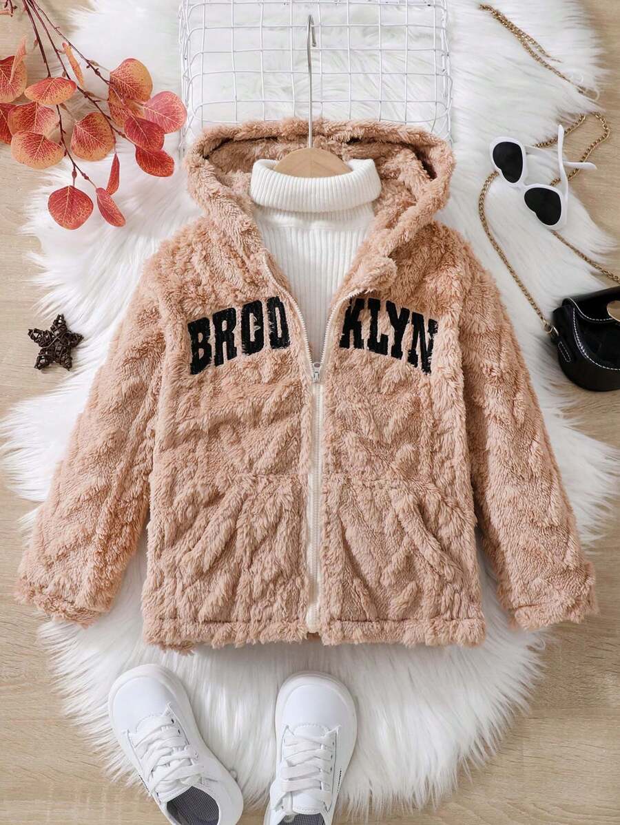 SHEIN Young Girl Letter Embroidery Hooded Teddy Jacket Without Sweater - Camel - View 1