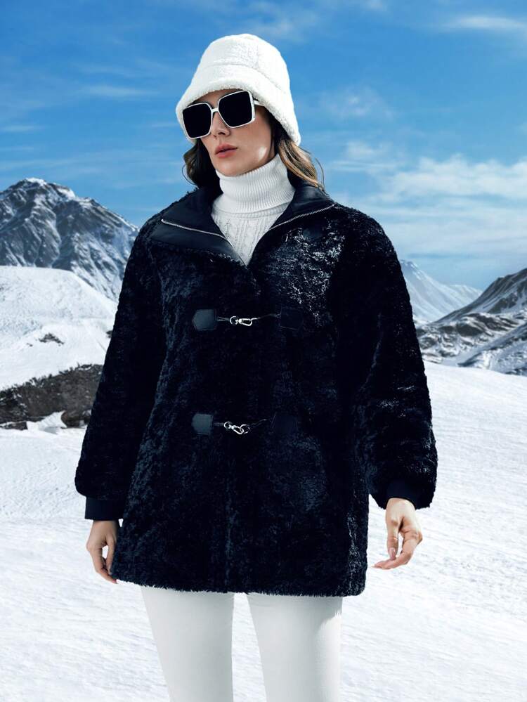Solid Buckle Front Fuzzy Coat Fall Cloth For Women