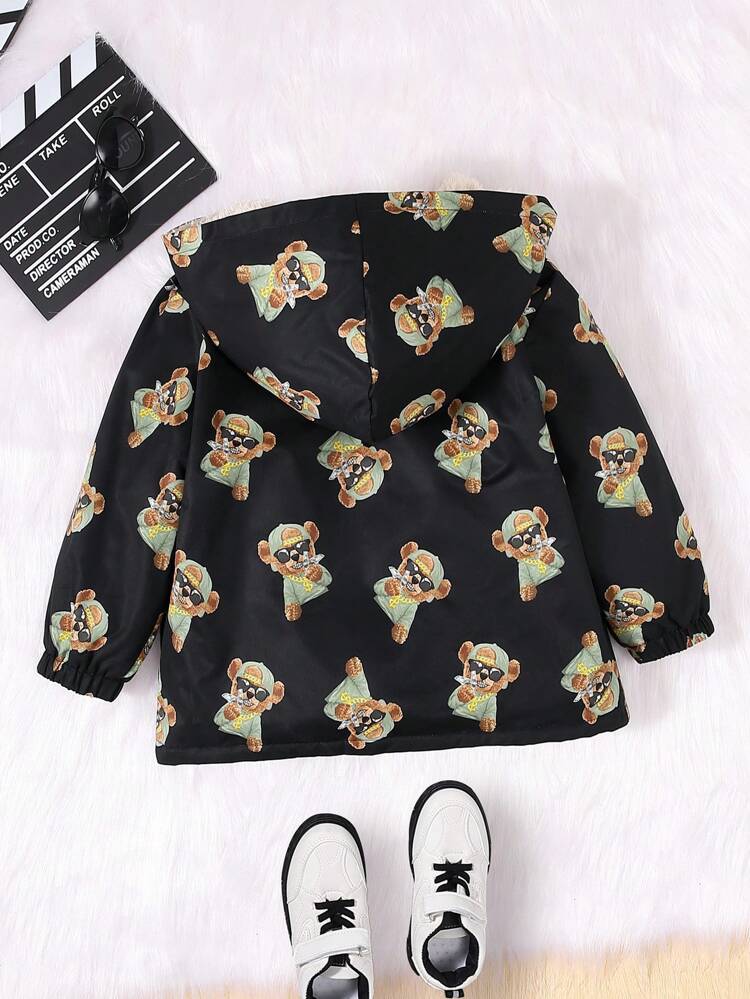 Young Boy Bear Print Thermal Lined Hooded Coat