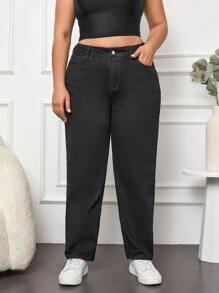 SHEIN Cottnline 大碼高腰媽媽牛仔褲 - 黑色 - 查看 3