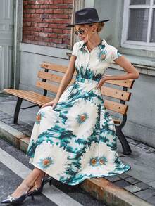 Aveloria Floral Print Batwing Sleeve Half Button Shirt Dress - Dark Green - View 6