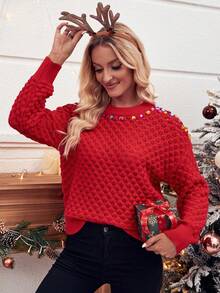 SHEIN Frenchy Rhinestone Detail Drop Shoulder Sweater - Red - View 6