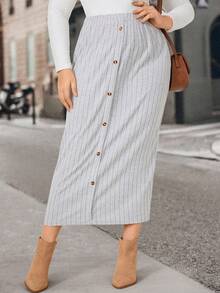 SHEIN LUNE Hơn Nút phía trước Đồ đan Ribbed Váy - Xám - Xem 5