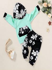 女嬰2入組花卉圖案圖案撞色袋鼠口袋連帽衫和運動褲,柔軟和舒服閒暇 - 彩色 - 查看 1