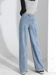 SHEIN 青少年女孩斜口袋直筒牛仔褲 - 中等水洗藍 - 查看 2