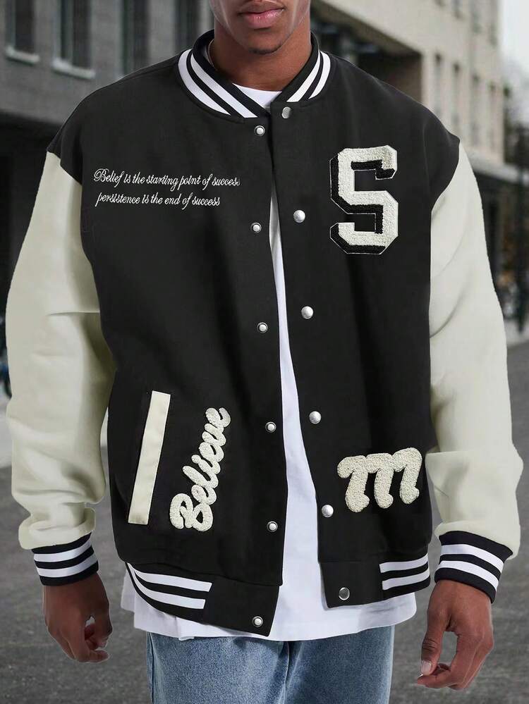 Men Letter Patched Striped Trim Colorblock Varsity Jacket