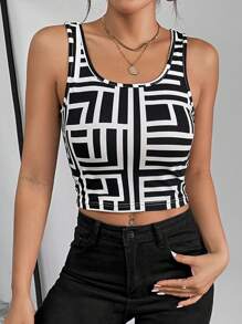 SHEIN Essnce 幾何印花短款背心 - 黑與白 - 查看 3