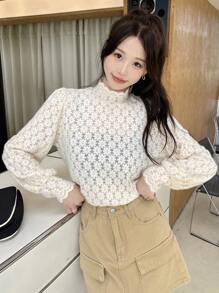 DAZY 1 chiếc áo ren cổ tròn trơn, quần áo mùa thu - Màu be - Xem 6