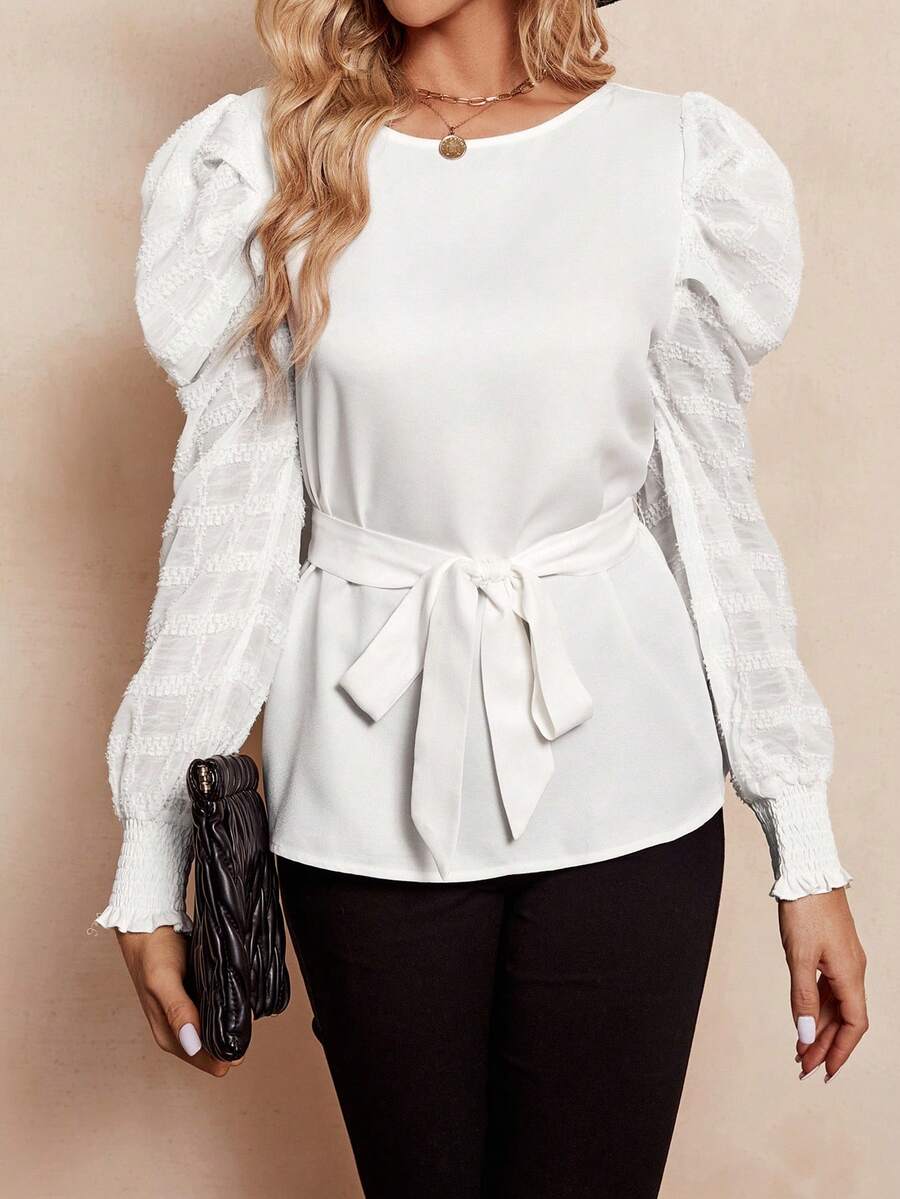 SHEIN Clasi 素色羊腿袖腰帶襯衫 - 白色 - 查看 1