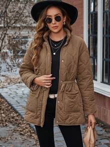 SHEIN LUNE Abrigo acolchado de cintura con cordón con doble bolsillo de hombros caídos - Marrón - Ver 3