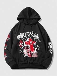 ROMWE MEN Grunge Punk Men Japanese Letter Graphic Drawstring Hoodie - Black - View 1