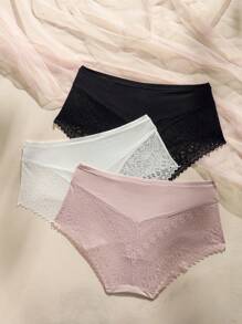 SHEIN Elegant Plus Size High Waisted Panties For Women With Contrast Lace Detail - Multicolor - View 2