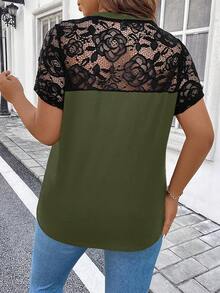 SHEIN Clasi 大碼蕾絲拼接前紐扣T恤 - 軍綠色 - 查看 2