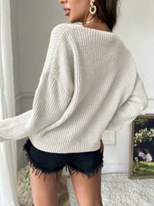 Siren Gaze Solid Drop Shoulder Ribbed Knit Sweater,Long Sleeve Tops,Off The Shoulder Sweater In Fall/Winter White Casual - White - View 2