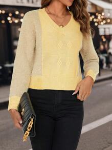 SHEIN LUNE Two Tone Drop Shoulder Knit Pullover Fall Winter Sweater - Apricot - View 3