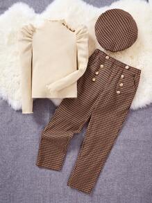 SHEIN 女大童小高領泡泡袖T恤和格紋印花長褲和帽 - 卡其色 - 查看 1