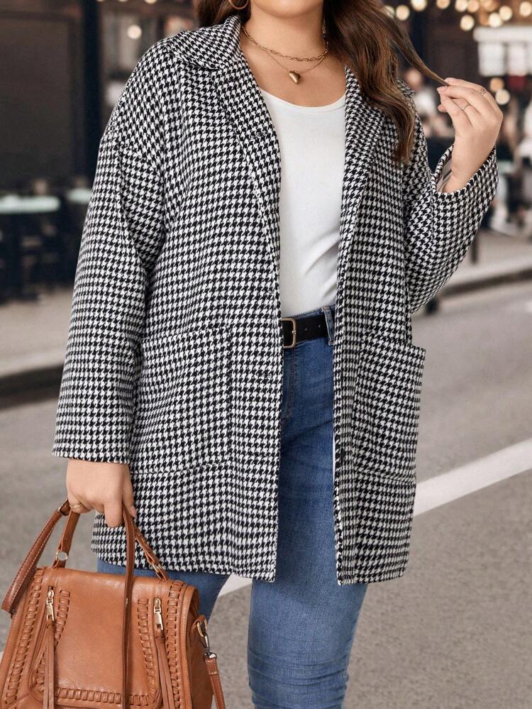 Plus Houndstooth Print Drop Shoulder Overcoat