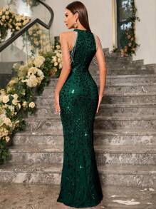 UNITHORSE Day Sequin Decor Mermaid Hem Formal Dress Elegant Prom Evening Wedding Guest Gown, For Graduation, Dinner Party Dress, Bride Dress, Birthday Women Outfits Dress, School Clothes - 墨綠色 - 查看 2