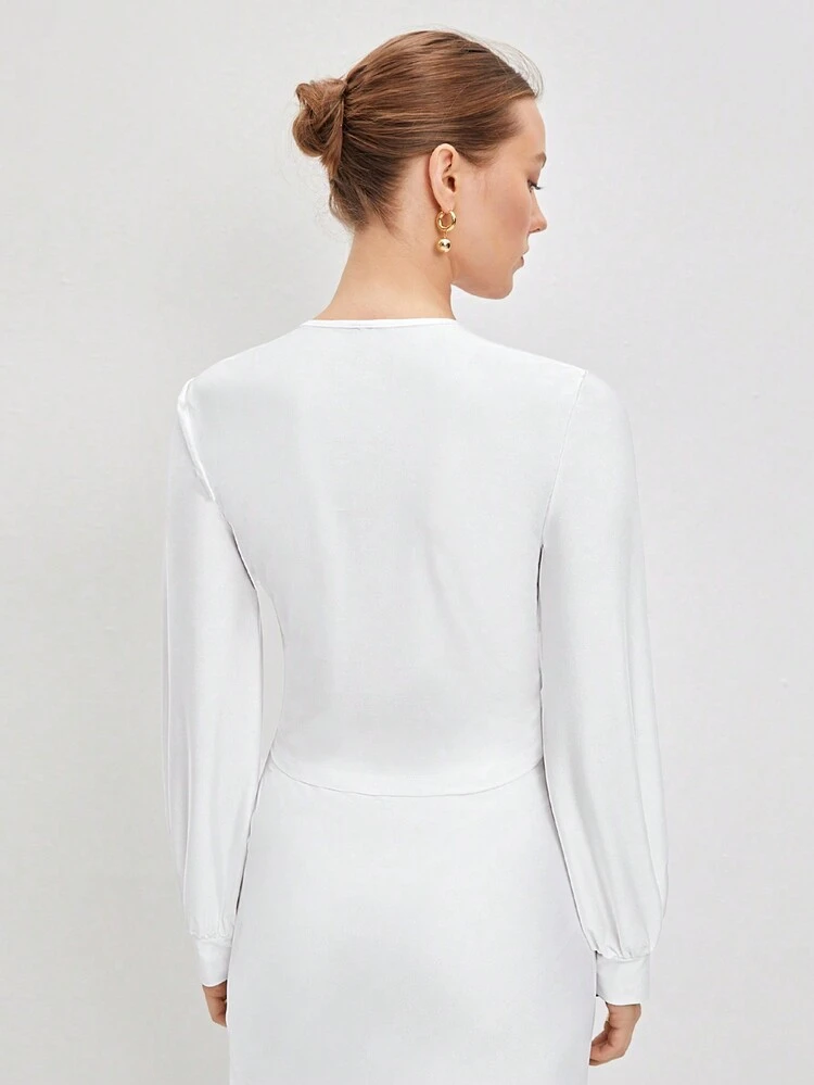 Drawstring Front Lantern Sleeve Crop Top