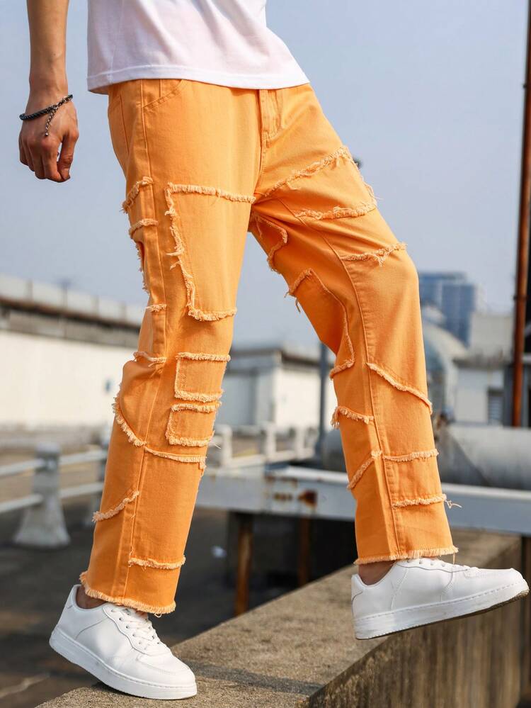 Loose-Fit Men's Raw-Edge Trim Straight Leg Jeans