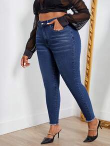 SHEIN SXY Plus High Waist Raw Cut Skinny Jeans - Medium Wash - View 3