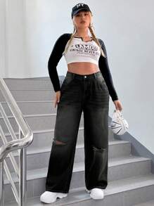 SHEIN ICON 大碼高腰破洞直筒牛仔褲 - 黑色 - 查看 1