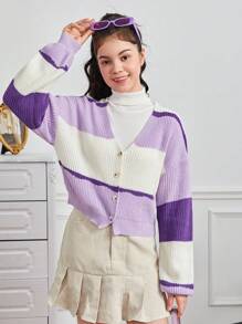 Thiếu niên cô gái Khối màu Thả vai Áo len Mở - Màu tím hoa cà - Xem 3
