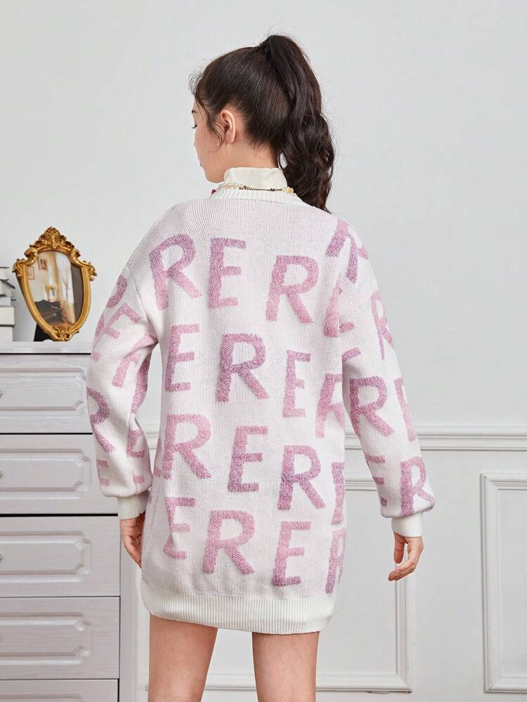 Teen Girl Letter Pattern Drop Shoulder Cardigan