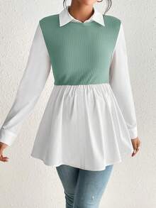 SHEIN Maternity Two Tone 2 In 1 Peplum Blouse - Blue - View 4